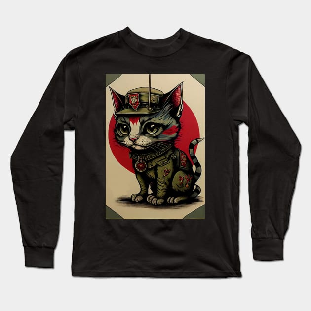 Cute Cat in Uniform in front of Red Sun Long Sleeve T-Shirt by dholzric